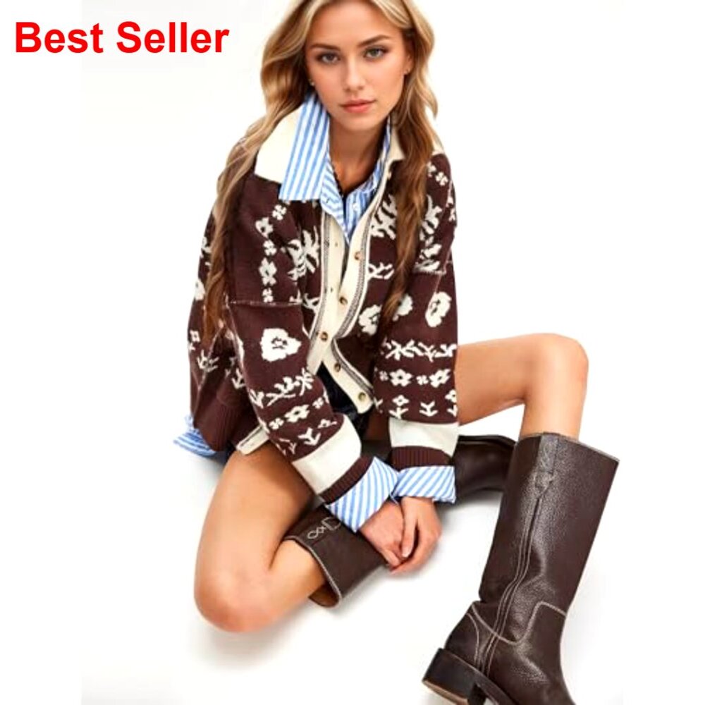 Long Sleeve Floral Print Cardigan Sweater Button Up Knit Top - Picture 4 of 7